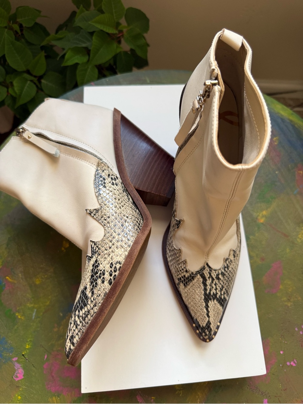 Sam Edelman Cream Ankle Boots with Snake-Print Pointed Toe